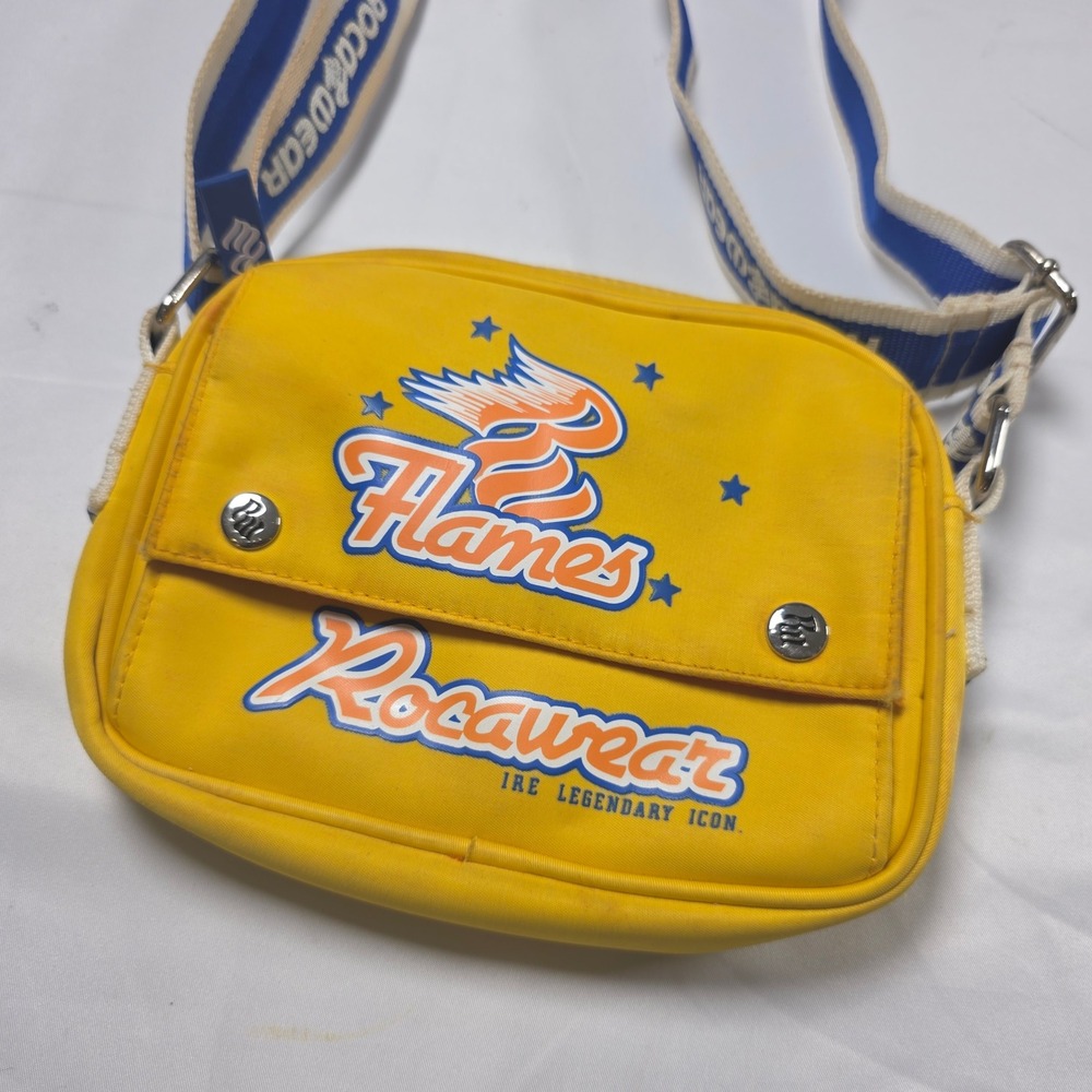 Rare Vintage Rocawear Flames Crossbody Bag Yellow Blue Y2K Hip Hop Messenger Bag